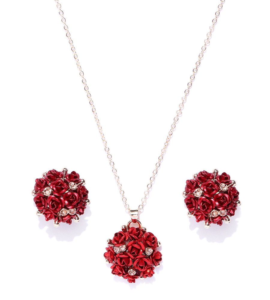 YouBella Red Gold-Plated Stone-Studded Floral Jewellery Set